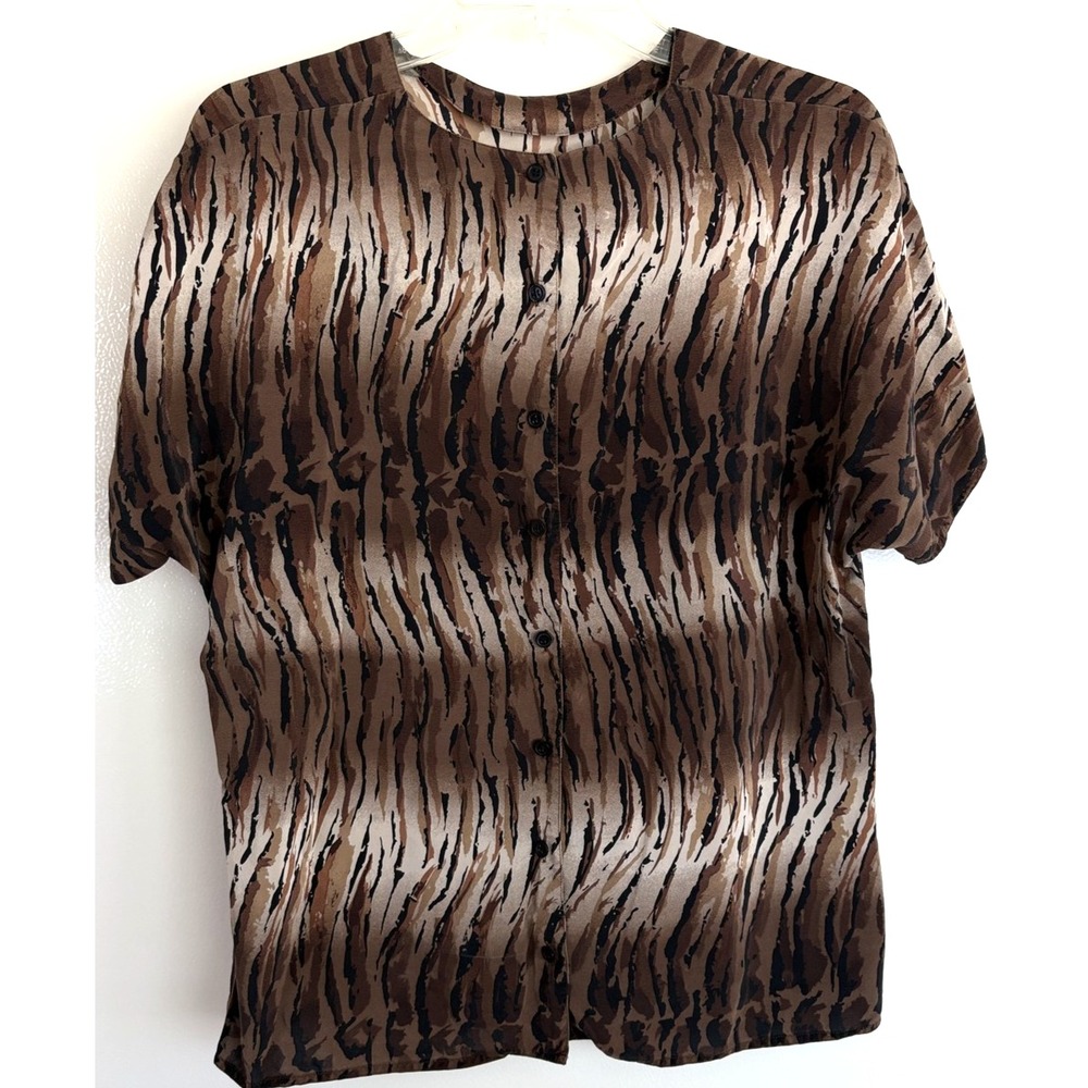 Linda Hutton Shirt Women XL Silk Animal Print Button Up Back Short Sleeve Blouse